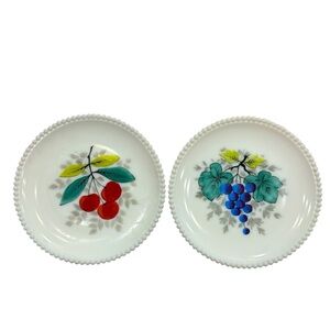 Vintage Westmoreland Hand Painted Milk Glass Plate set Cherry and grapes